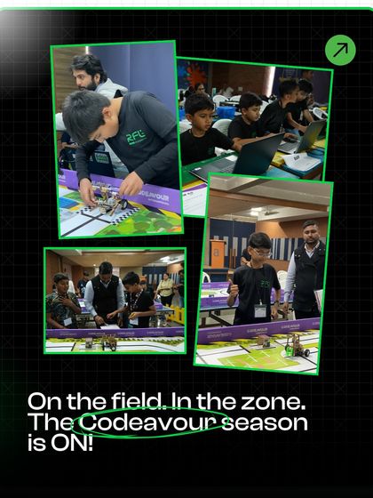 This collage captures our students "in the zone" during the Codeavour competition season, focused on building and coding.