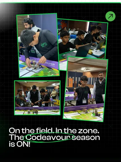 On the field and in the zone. This collage shows our students deeply focused during the Codeavour competition, working on their robots and fine-tuning their code.