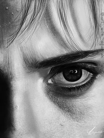 A detailed view of the eye from the Lucy portrait. The dark, smudged makeup and the intense stare were important elements to get right for this character.