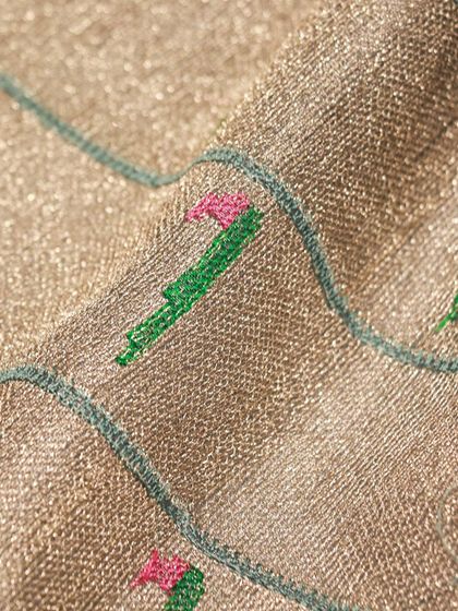 A grey tissue silk saree with Paithani-style floral embroidery in multiple colors.