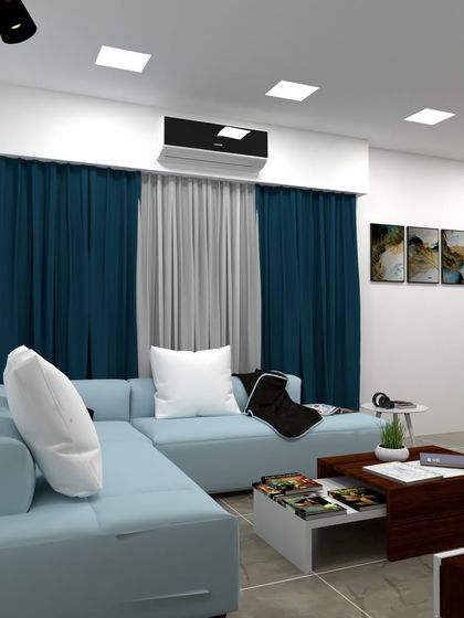 A 3D render of a living room concept with a cool blue and white theme. The light blue L-shaped sofa is paired with dark wood furniture for a modern, contrasting look.