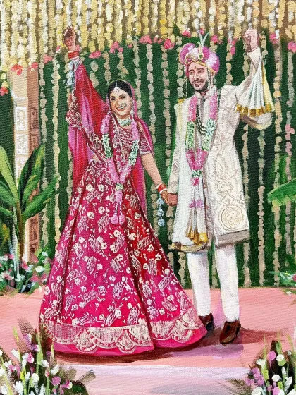 A close-up of the couple from the live wedding at ITC Maurya. Their joyful expressions are the heart of this painting.
