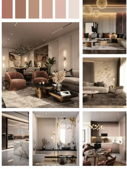 A mood board showcasing a warm and opulent design, blending blush tones, rich neutrals, and elegant marble textures for an inviting and refined interior.