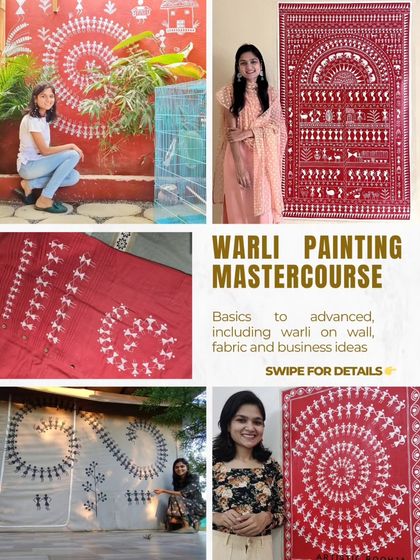 This graphic gives a great overview of the Warli Painting Mastercourse, from learning the basics to applying your art on walls and fabric and even starting a business.