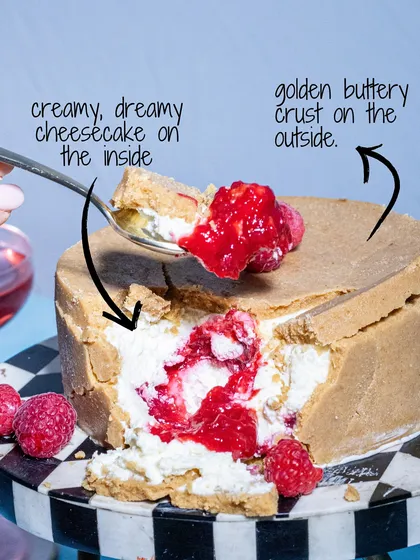 Meet my upside-down cheesecake, filled with a creamy, dreamy center and a surprise raspberry compote. It’s a playful twist on a classic dessert, where the best part is hidden inside a golden, buttery crust.