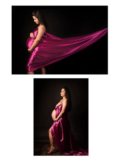 A collage showing two poses with the flowing magenta fabric. This demonstrates how we can create both a full-length dramatic shot and a more intimate seated portrait in one session.