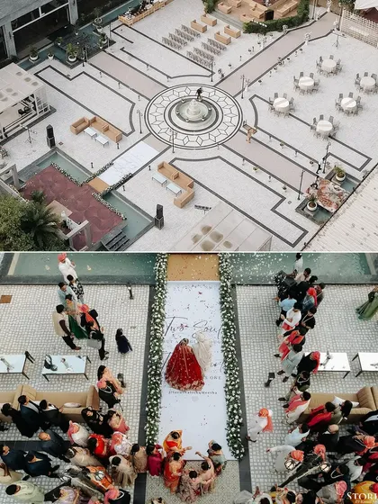 An aerial view of the wedding venue, showing the grand scale and meticulous planning of the ceremony layout.