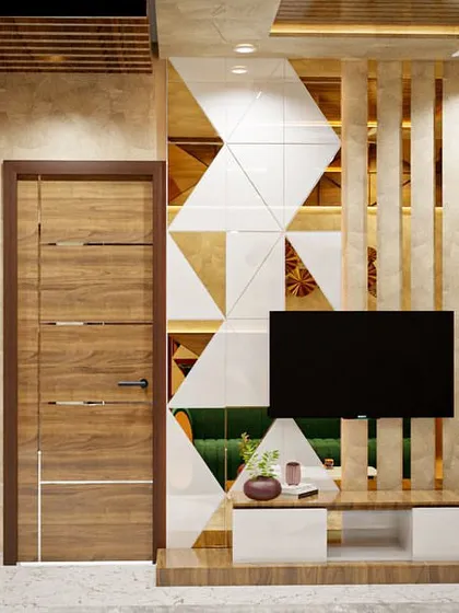 A 3D concept for a TV unit wall, showcasing a geometric design with mixed materials like wood, mirror, and marble. Renders like this are a key part of our design process, ensuring the client's vision is perfectly aligned with ours.