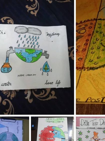 A collage of drawings with important social messages like "Save Water, Save Life" and "Stay Home, Stay Safe."