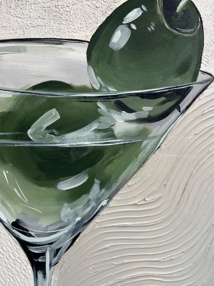 A close-up of a martini painting with a textured background. This piece is a fun, pop-art take on a classic subject, perfect for a bar area or kitchen.