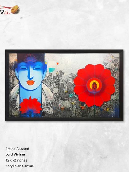 'Lord Vishnu' by Anand Panchal, a striking contemporary depiction where the deity's serene blue face contrasts with a vibrant red flower and abstract background.