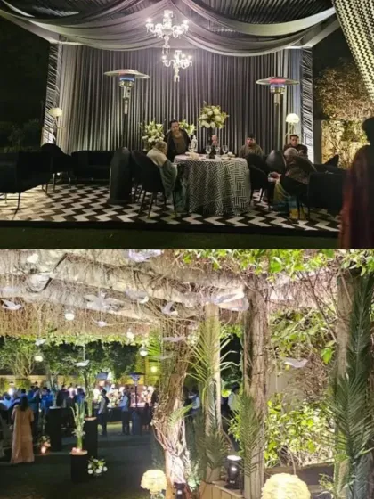 Two different seating styles from a black and white themed event. One is a formal lounge with a checkered floor and chandeliers, while the other is a more relaxed outdoor area with hanging bird props, showing versatility in space planning.