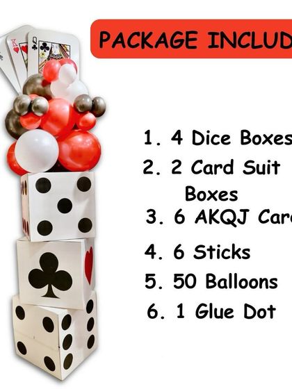 Want to create this look yourself? Our DIY Dice Panel Set comes with everything you need: dice boxes, card suit boxes, playing cards, balloons, and glue dots to easily assemble these impressive columns.