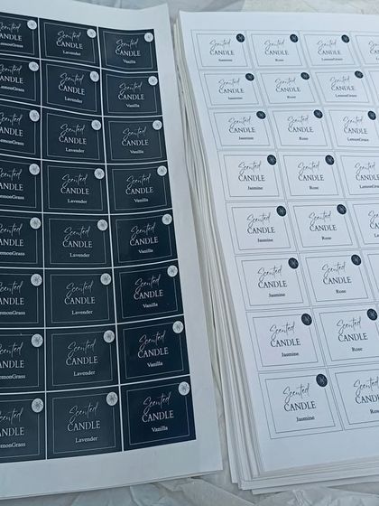 These are custom-printed sticker sheets I made for a client. I can print your brand's labels in both black and white designs on A3 sheets.