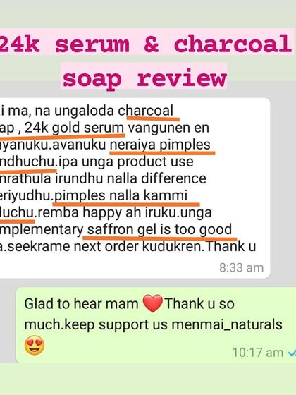 "Pimples nalla kammi aiduchu" (Pimples have reduced a lot). I was so happy to hear my charcoal soap and 24k gold serum made such a good difference for this customer's son.