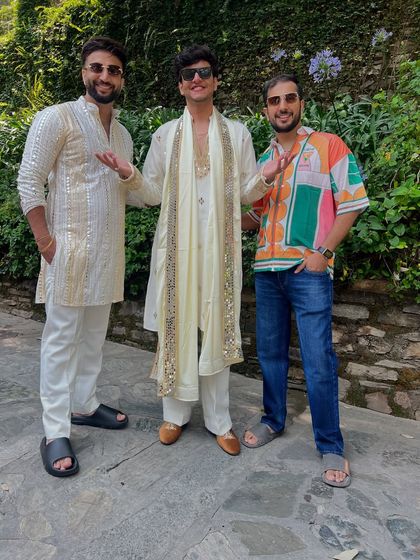 A full view of the coordinated ethnic wear for a Haldi event, showcasing different styles within the same color family for a cohesive group look.