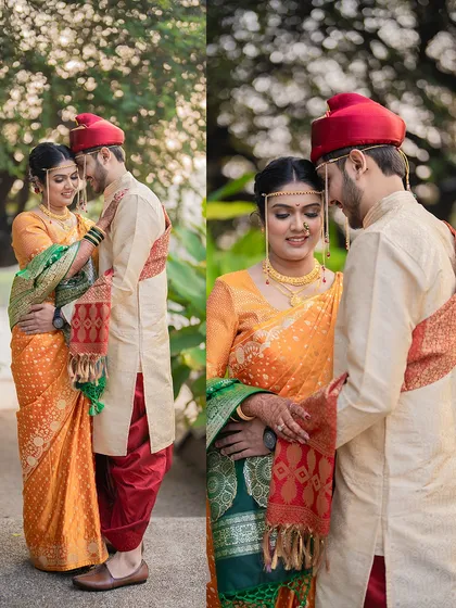 Two close-up portraits of Omkar and Mansi, highlighting their traditional outfits and the tender connection between them.