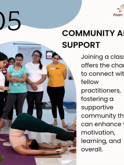 An infographic explaining the importance of community and support in a yoga class, which enhances motivation, learning, and overall experience.