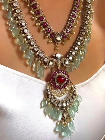 A model shot showcasing how the layered necklace looks when worn.