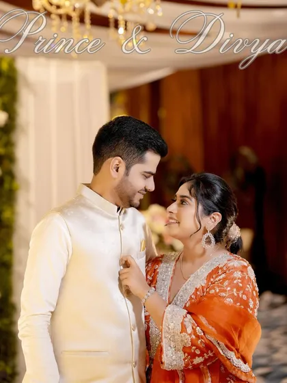 A classic romantic portrait of Prince and Divya, capturing the loving gaze they share.