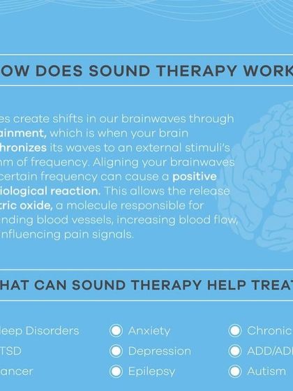 To help you understand the mechanics, this graphic details how sound therapy works by synchronizing your brainwaves to external frequencies, a process called entrainment. This alignment can trigger positive physiological reactions, like the release of nitric oxide, which helps increase blood flow and reduce pain signals. It also lists the wide range of conditions sound therapy can help treat, including sleep disorders, anxiety, and chronic pain.