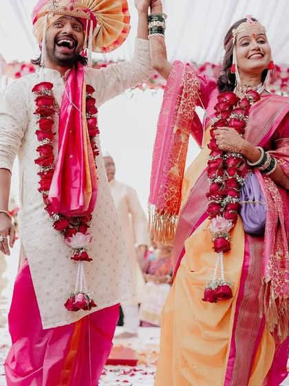 Another joyous shot of Prathamesh Parab and his wife during their wedding. Their happiness is infectious, and we were honored to create the perfect setting for them.