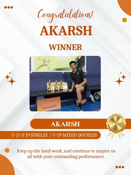 We are incredibly proud of our champions. This is Akarsh, celebrating a triple trophy win in U-17 & U-19 Singles and U-19 Mixed Doubles. His success is a testament to his relentless hard work.