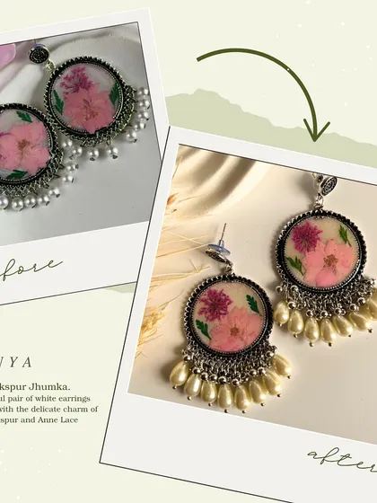 My popular Vanya jhumka, with its delicate pink larkspur, has been elevated. The new design features beautiful pearl ghungroos, making it even more elegant while retaining its original charm.
