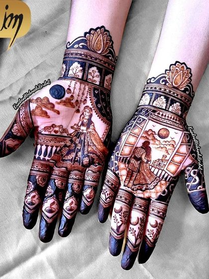 This stunning Karwa Chauth design uses dark, filled-in areas to create a dramatic contrast, making the couple and the moon scene pop.