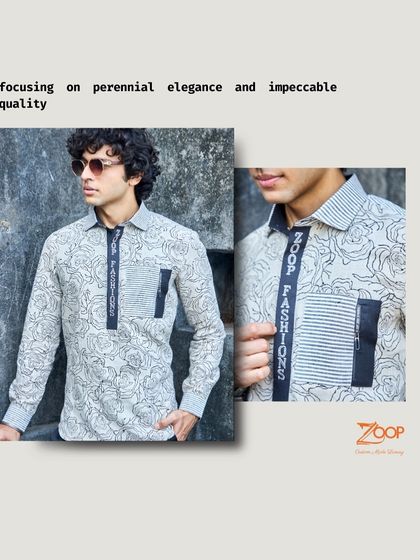 I love to reimagine dapper styles. This shirt features a soothing blue hue elevated with a delicate floral print, meticulously crafted into the fabric.