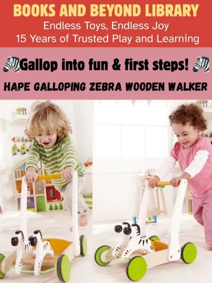 The Hape Galloping Zebra is a beautifully crafted wooden walker that encourages first steps. Its sturdy base provides support while the rubber-rimmed wheels protect your floors.
