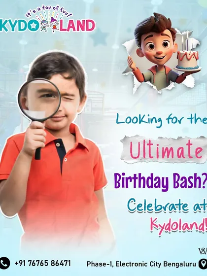 Looking for the ultimate birthday bash? This promotional graphic is a direct invitation to celebrate at Kydoland, where I guarantee a party full of fun, games, and entertainment.