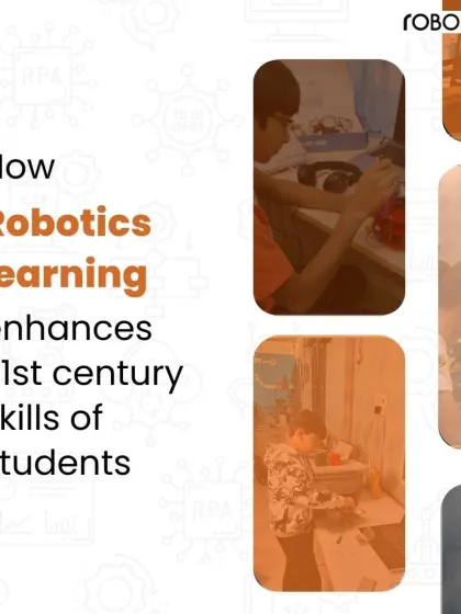 This graphic carousel explains how robotics learning enhances essential 21st-century skills, including computational thinking, problem-solving, creativity, and communication.