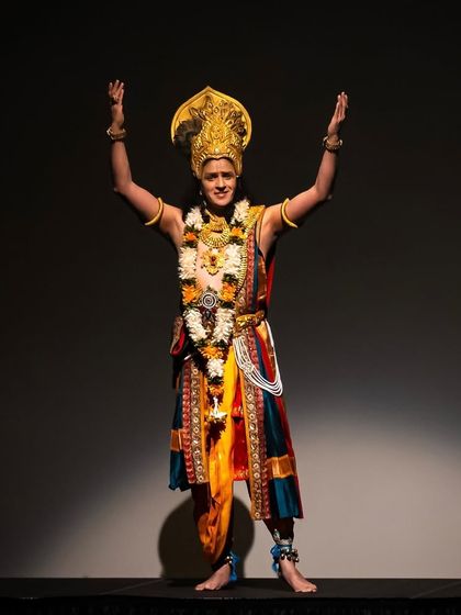 A stunning portrait of Rajendra as Krishna, taken during our US tour. The detailed costuming and expressive performance were highlights of the 'Krishnaa' production.