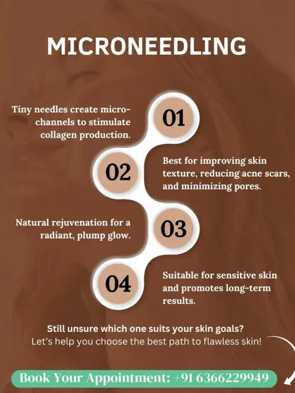 Microneedling creates tiny micro-channels to stimulate your skin's natural collagen production. It's best for improving skin texture, reducing acne scars, and minimizing pores, offering natural rejuvenation with long-term results.