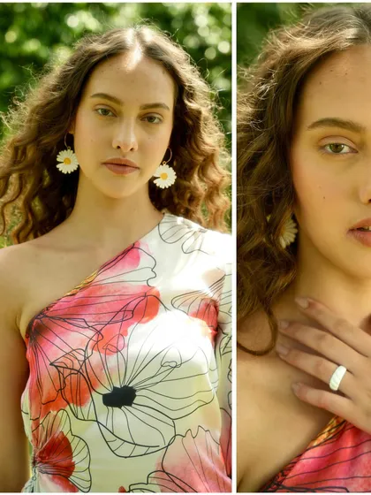 A diptych showing a close-up on a one-shoulder floral top and daisy-shaped earrings. This highlights the delicate details and thoughtful accessory pairing in my styling.