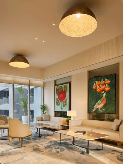 Art and comfort converge in this lounge area, designed as a social anchor for residents. The neutral-toned furniture is brought to life with vibrant artwork and soft, ambient lighting from dome pendants, creating a sophisticated yet welcoming space for relaxation and conversation.