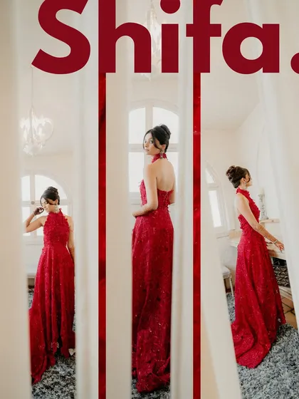 A creative collage of the bride, Shifa, in her striking red gown. This modern layout showcases different angles and moods, telling a story within a single image.