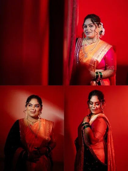 A series of portraits showcasing the bride's elegance and different moods. The consistent red lighting theme creates a cohesive and artistic set of images.