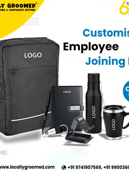 A complete and practical welcome kit designed for new employees. This set includes a branded backpack, a suction mug, a water bottle, a notebook with a pen, a keychain, and a mobile phone stand.