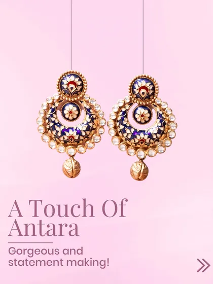 It’s more than gold; it’s a canvas of craftsmanship. These chaandbali-style earrings with intricate meenakari work showcase the Antara touch, where every detail speaks of artistry and exclusivity.