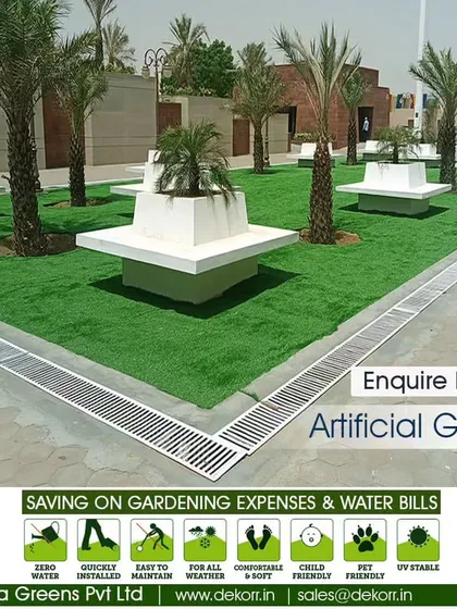 We create large-scale, beautiful green spaces that last. This installation in a commercial complex features our durable artificial grass alongside planters and seating, providing a lush, green environment that requires no watering or gardening expenses.