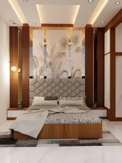 A cozy bedroom design with a quilted headboard set against a wood-paneled wall with a nature-themed wallpaper accent.