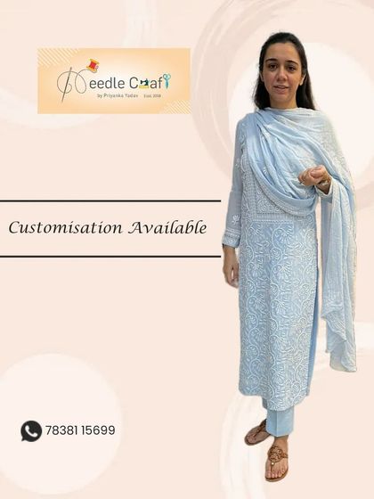 A classic and elegant light blue chikankari suit. We provide custom stitching for all types of ethnic wear.