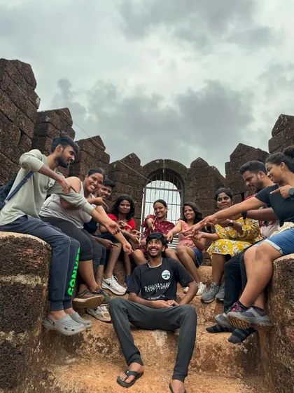 A fun, interactive group photo at Mirjan Fort, showing the great bond our travelers form.