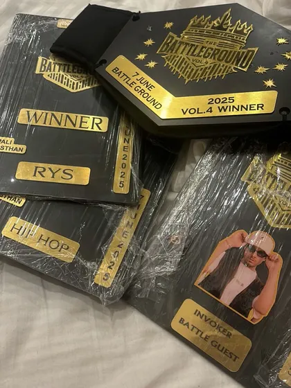A look at some of the trophies and plaques I've won. These are for 'The Battleground' Vol. 4 winner and a battle guest appearance.