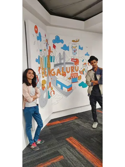 Us posing with the finished Bengaluru doodle at the Xiaomi India office. We were super honored to work with a major brand to bring some local flavor to their workspace.