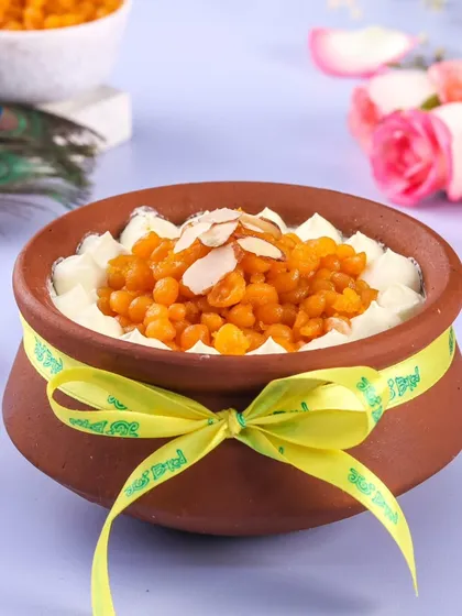 The Boondi Matka cake is a delightful fusion, with a soft cake base topped with cream and sweet boondi.