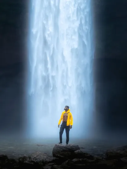 A self-portrait in front of a magnificent waterfall in Meghalaya. This shot, titled "Halfway to Heaven," perfectly encapsulates the feeling of being there.