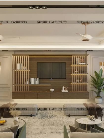 This view shows the custom TV unit, which features vertical wooden slats for textural interest. The design provides a stylish focal point without overwhelming the serene and elegant feel of the room.